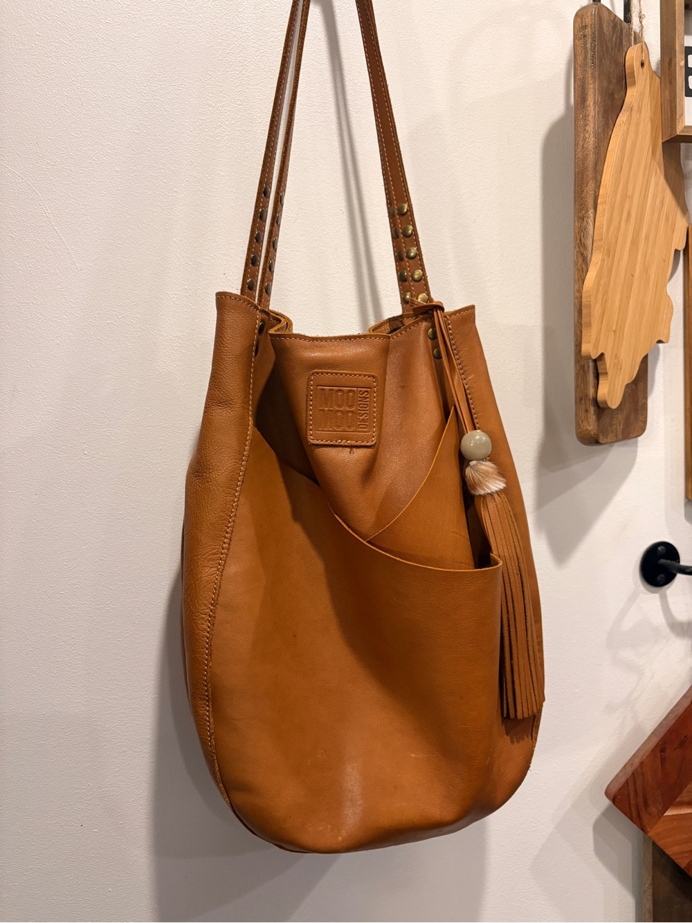 Tan Leather Tote Bag with Tassel